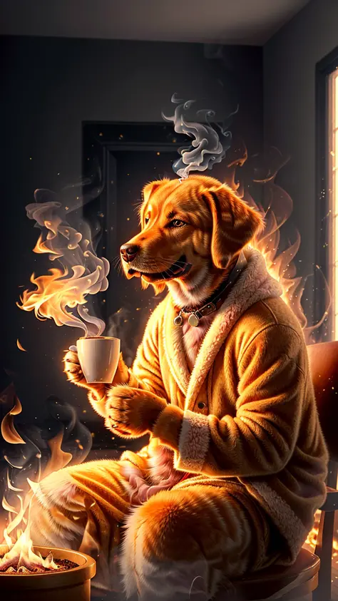 (best quality:1.23), (masterpiece:1.12), (realistic:1.24), (anthropomorphic  dog:1.5) holding a coffee cup, sitting, in a robe, eating breakfast and holding a coffee cup, hat, particles, volumetric lighting,  room burn down, ground and chair on fire, lots ...