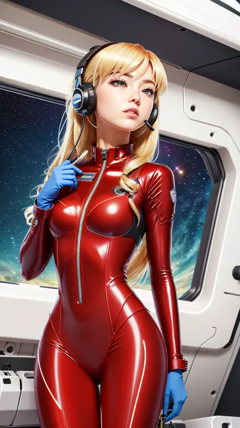 (masterpiece), (best quality), (photorealistic:1.3), (Overhead view),dynamic angle,ultra-detailed, illustration, close-up, straight on, 1girl, ((souryuu asuka langley, interface headset, red bodysuit:1.4, blonde)),Her eyes shone like dreamy stars,(glowing eyes:1.1),(beautiful and detailed eyes:1.1),(expressionless,closed mouth),(standing), (mechanic room with tools, machine guns, and spaceship window, an epic space view outside the window,  in a white SPACESHIP), (night:1.2),dreamy, [[delicate fingers and hands:0.55]::0.85],(detail fingers),