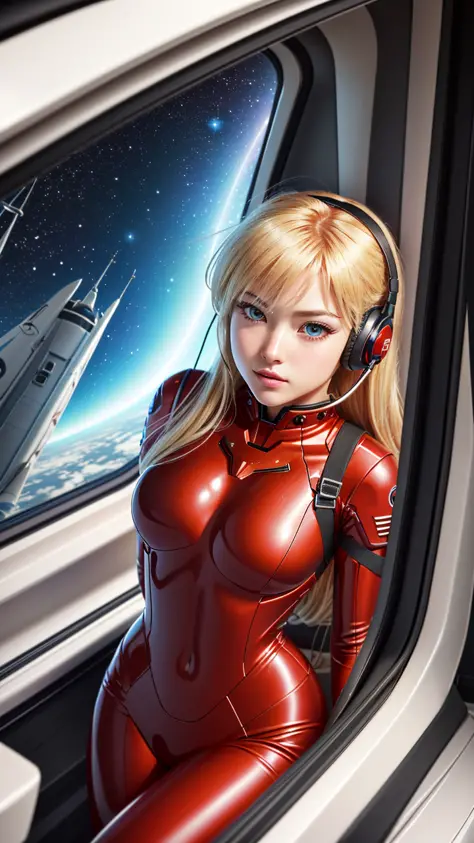 (masterpiece), (best quality), (photorealistic:1.3), (Overhead view),dynamic angle,ultra-detailed, illustration, close-up, straight on, 1girl, ((souryuu asuka langley, interface headset, red bodysuit:1.4, blonde)),Her eyes shone like dreamy stars,(glowing eyes:1.233),(beautiful and detailed eyes:1.1),(expressionless,closed mouth),(standing), (mechanic room with tools<machine guns> and spaceship window<an epic space view outside the window> in a white SPACESHIP), (night:1.2),dreamy, [[delicate fingers and hands:0.55]::0.85],(detail fingers),