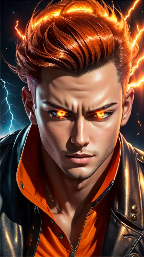 (detailed:1.1),  (masterpiece, realistic, photorealistic, colorful, perfect lightning, (bright lighting:1.3), best quality, (badass shine male devil full glow orange colour), two X on the forhead,