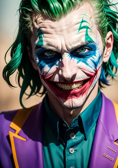 Dappled Light, photo portrait of the  The Joker (DC Comics): The Joker's colorful suit, wild green hair, and maniacal grin make him an iconic and recognizable character for cosplay., colorful, realistic round eyes, dreamy magical atmosphere, superheroine c...