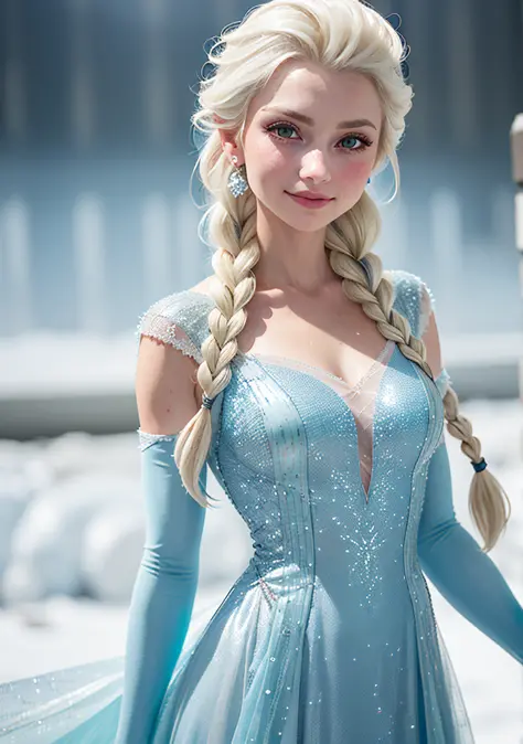 Dappled Light, photo portrait of the  Elsa (Frozen): Elsa's flowing ice-blue dress, long blonde braid, and icy powers make her a popular choice for cosplayers, especially at conventions and events., colorful, realistic round eyes, dreamy magical atmosphere...