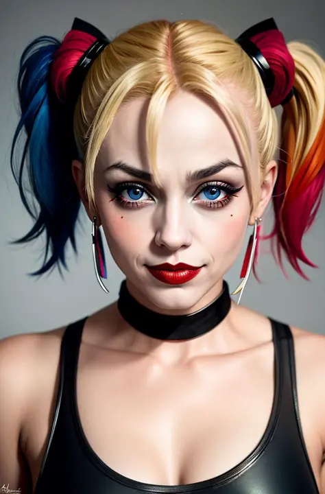 face and bust portrait of harley quinn wearing a tank top, best quality, absurdres, sharp focus, by arny freytag,