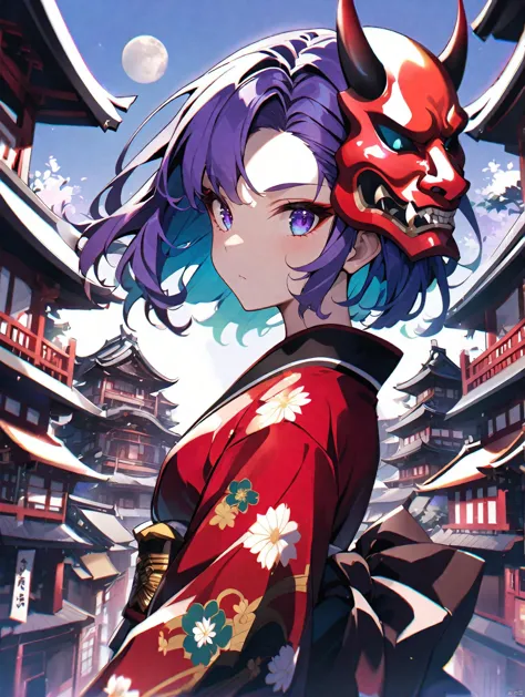 masterpice,solo, 1girl, mask, looking at viewer, purple hair, horns, japanese clothes, upper body, kimono, mask on head, closed ...