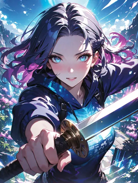 masterpiece,best quality,a girl holding a sword,in the style of dark azure and light azure,mixes realistic and fantastical elements,vibrant manga,uhd image,glassy translucence,vibrant illustrations,