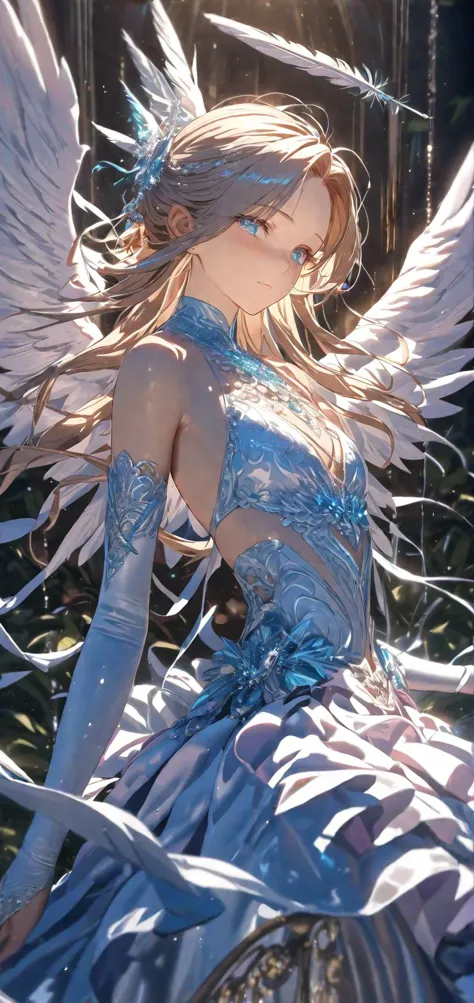 (Masterpiece:0.9), best quality, (illustration, very aesthetic:0.95), (ultra detailed), intricate details,  Angels theme, solo, 1Girl, from side, detailed eyes, detailed face, (flirtatious glance, Downcast Eyes:1.05), sheer silk dress, bridal gauntlets, lace stockings, (Glowing halo, white wings:0.6), shiny feather, (cinematic lighting, raytracing), absurd, [(black background:1.2)::0.2], (silence background:1.2), <lora:sdxl2-flat2-512b:-1.05>  <lora:cns2i2de878c73fo5mug:1>