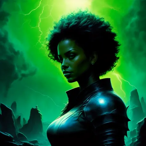 <lora:Black_Women:0.91> <lora:novel_bright:0.8> j4da_v2, (Comic book art :1.3), Comic art, graphic novel illustration, BREAK portrait, solo, from front, front view, half shot, detailed background, detailed face, (<lora:Lightning:0.6>, lightning theme:1.1),   champion, malevolent, sinister smirk, intimidating aura, dark clothes,  studded armor,   evil  spiked crown,  mysterious   floating particles, rocks, bats in background, desolate landscape in background,  dark  atmosphere, stormclouds,