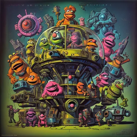 60s scifi ink comic by Jack Kirby,  A complex machine, <lora:Muppets:0.88> muppetmaniaai