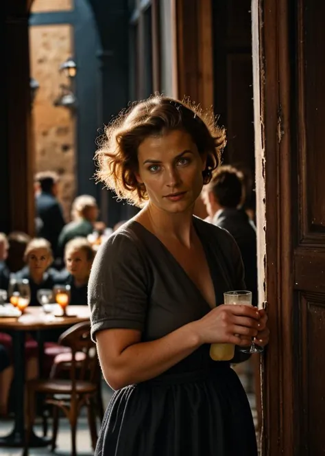 a woman standing in a restaurant holding a glass of beer