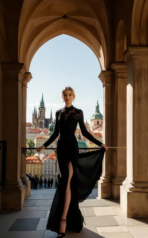 [[[dynamic pose]]], solo-focus, (style of Mario Testino), [haute couture elegance:Prague's historic grandeur:0.8] backdrop, showcasing the ethereal presence of a supermodel against the spellbinding allure of Prague, Czech Republic. She embodies an exquisite blend of modern fashion and timeless elegance, her ((striking silhouette accentuated by a breathtaking gown)), the fabric flowing gracefully with each step. The dress, a masterpiece of couture design, features intricate lace details and a dramatic train, echoing the Gothic and Baroque influences of the city's architecture. Her accessories are bold yet sophisticated, with statement jewelry that captures the light, mirroring the intricate craftsmanship seen in Prague's historic edifices. The setting is a carefully composed panorama that includes the iconic Charles Bridge, its statues casting long shadows in the early morning light, creating a mystical aura around her. In the distance, the Gothic spires of the city's skyline punctuate the horizon, while the famed astronomical clock stands as a testament to Prague's rich cultural heritage. The supermodel strides confidently across the cobblestone streets, her gaze fixed in the distance, a vision of modern elegance amidst the architectural marvels of the city. The photograph captures a moment of serenity before the city awakes, the supermodel alone in her exploration of Prague's beauty. The composition juxtaposes her contemporary fashion against the backdrop of centuries-old landmarks, illustrating a dialogue between the past and present. This scene not only highlights her striking presence but also pays homage to the city's ability to inspire awe through its history and artistry, making her not just a visitor but a part of Prague's ongoing story.