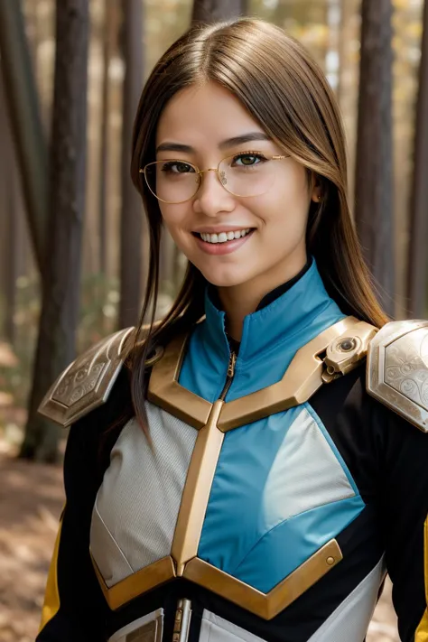 a close up of a woman in a costume and glasses smiling