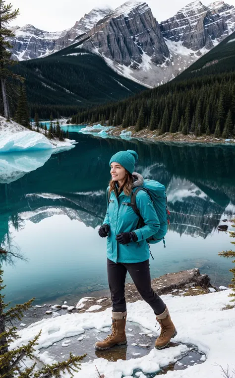 [[[dynamic pose]]], solo-focus, (style of Ansel Adams), [pristine wilderness:Banff National Park majesty:0.9] landscape, capturing the awe-inspiring beauty of Banff National Park, Canada, through a visitor's journey. Amidst this picturesque setting, a figure emerges, a woman who personifies the adventurous spirit of those drawn to the wild. Her attire is a ((sophisticated blend of outdoor elegance and practicality)), featuring a warm, fitted parka that reflects the icy hues of the park's turquoise lakes, paired with rugged, waterproof hiking boots ready to tread the varied terrains. Her outfit is thoughtfully accessorized with thermal gloves and a woolen beanie, ensuring warmth against the crisp mountain air, while a lightweight backpack carries essentials for her day's exploration. She stands before a breathtaking vista: the vivid turquoise waters of a glacial lake, so vibrant they seem otherworldly, contrasted against the stark, majestic backdrop of snow-capped mountains. The dense, verdant pine forests envelop the scene, adding a sense of depth and serenity. The composition captures a moment of reflection, as she gazes across the landscape, her presence small yet significant amidst the vastness of nature. The photograph encapsulates the tranquility and grandeur of Banff, with the subject serving as a bridge between the viewer and the sublime beauty of the Canadian Rockies, inviting a sense of wonder and exploration.