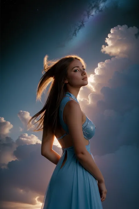 a woman in a blue dress standing in front of a cloudy sky