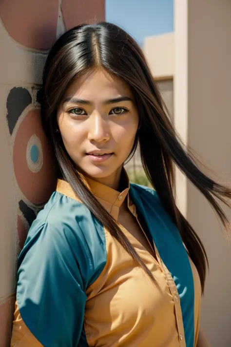 arafed asian woman with long hair leaning against a wall