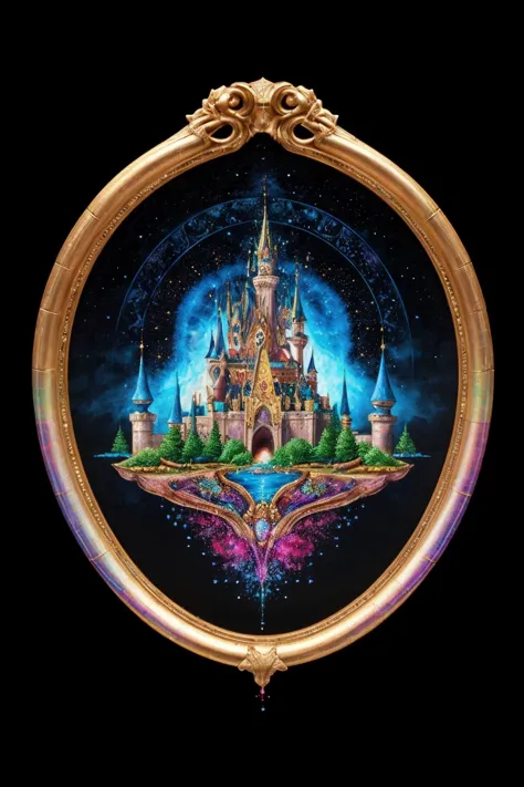 Dynamic view of a holographic magical castle painting, detailed frame, painting looks to be life like, hanging on a wall, magical multicolored ink, high quality, imagination, 8k, fantasy art, vivid magical colors