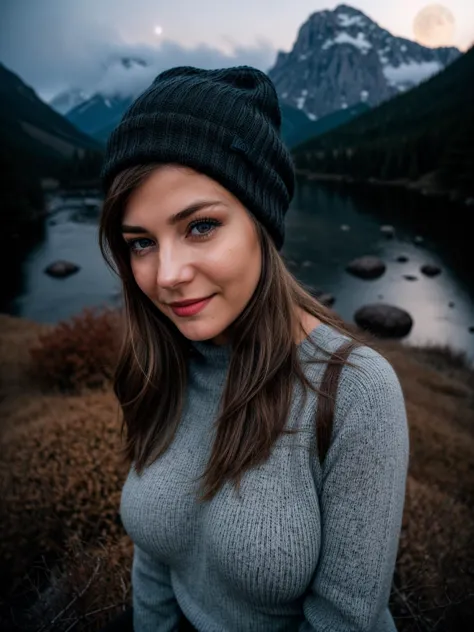 a woman in a hat and sweater standing near a lake