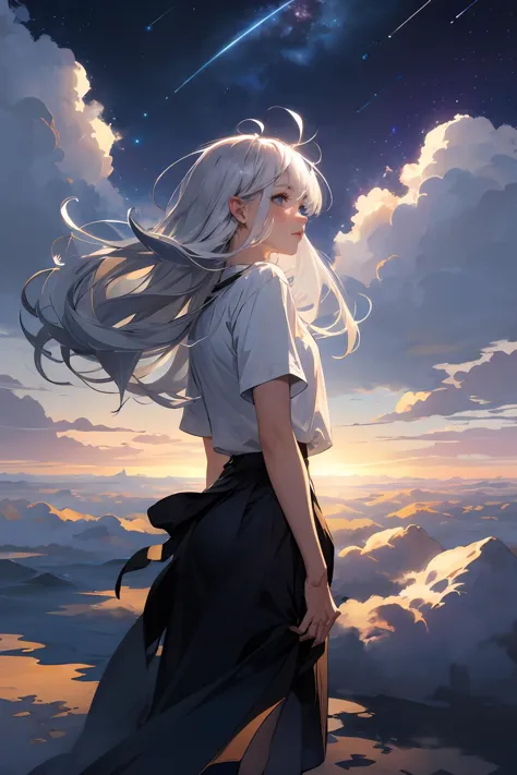 wide view, 1girl, (silver hair), messy bangs, floating hair, big swaying hair, gazing, shining sky, vast world, distant horizon,...
