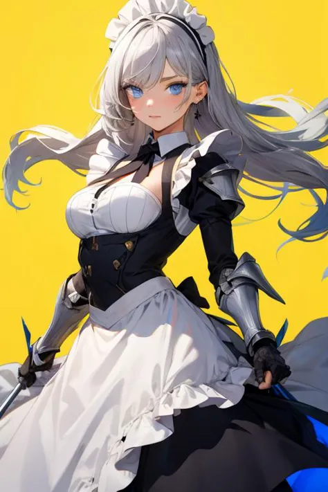 best quality, masterpiece, 1 girl, Silver hair, blue eyes, dress armor, small breasts, maid, look away, yellow background,