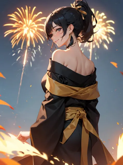 1girl, black gold kimono, from behind, off shoulder, shoulder blades, outdoors, night, fire works, seductive smile, looking at v...