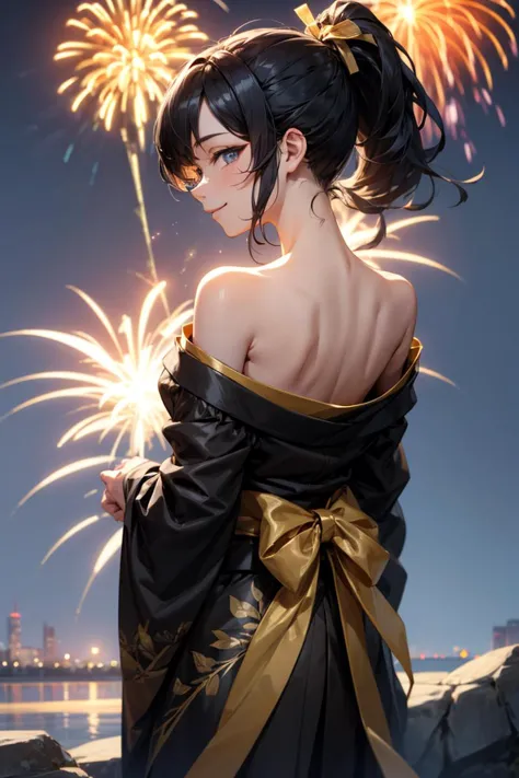 1girl, black gold kimono, from behind, off shoulder, shoulder blades, outdoors, night, fire works, seductive smile, looking at v...