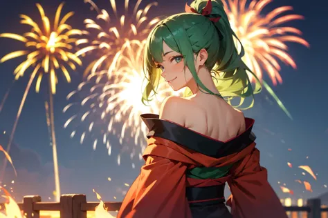 1girl, kimono, from behind, off shoulder, shoulder blades, outdoors, night, fire works, seductive smile, looking at viewer, pony...