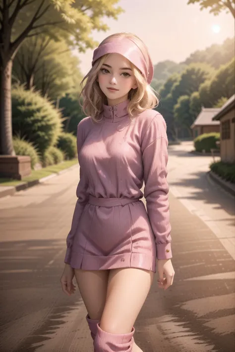 anime artwork photography of a dindraputri, ((Passionate, A heated look, a flushed face, and a quickened breath.)), detailed skin, ((blond hair), (Wolf Haircut:1.2)), (((Knit_sweater_dress:1.5),(Thigh-high_boots:1.4),(Felt_fedora_hat:1.3),(Countryside_background:1.5))). ((country cottage, quaint charm, flower-filled garden, cozy)), ((dynamic poses)), ((upper body:1.2)), taken with Fujifilm X-T3 with 50mm f1.5 lens, pink pastel colored theme in style of wes anderson, . anime style, key visual, vibrant, studio anime,  highly detailed