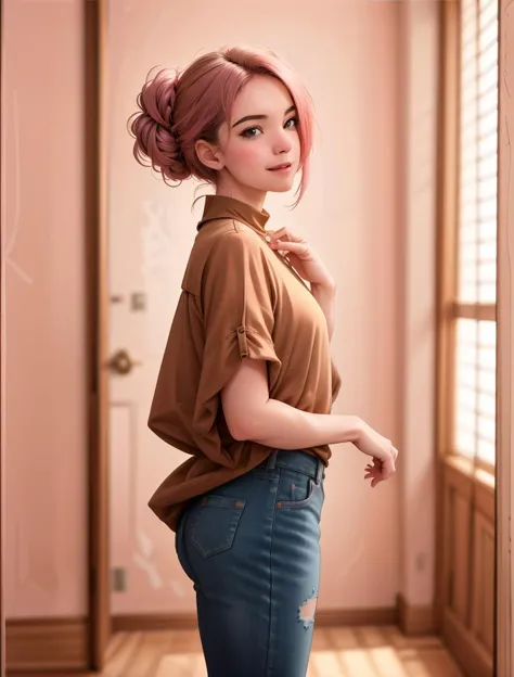 anime artwork fashion photography of (j14n16), ((sobbing)), detailed skin, ((brown and honey blonde balayage), (messy bun with f...