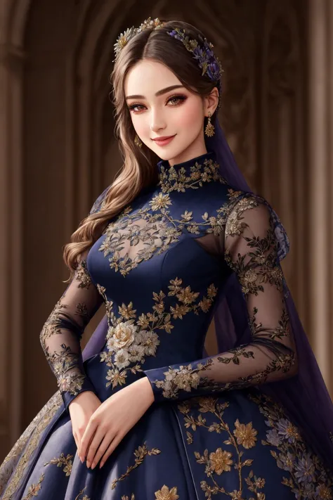 Masterpiece, absurdres, fine detail, HDR, highly detailed face and eyes, photorealistic, solo,1girl,smiling
Haute_Couture,designer dress, woman wearing a [Haute_Couture|edgCoquine]_turtleneck, floral embroidery, cowboy shot
<lora:CoquineCouture:0.88>