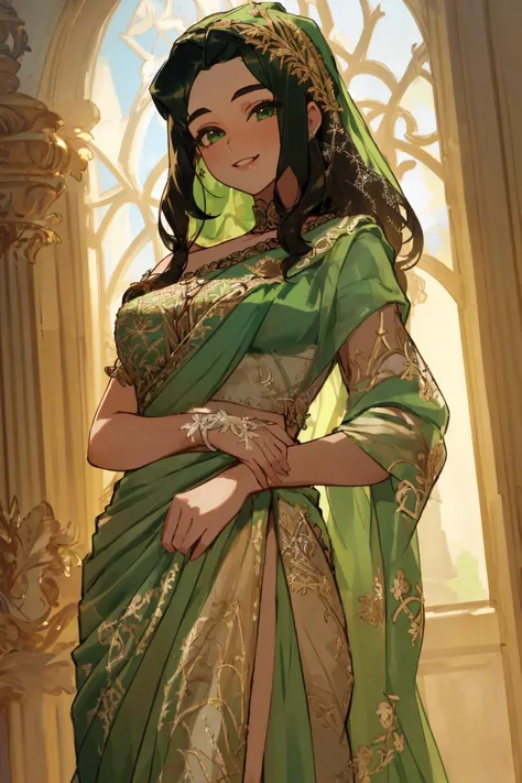 a woman in a green and gold sari standing in front of a window