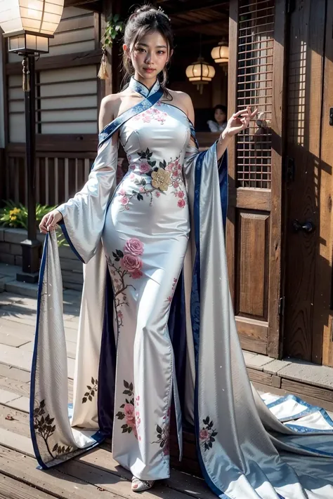 a woman in a white dress and blue cape posing for a picture