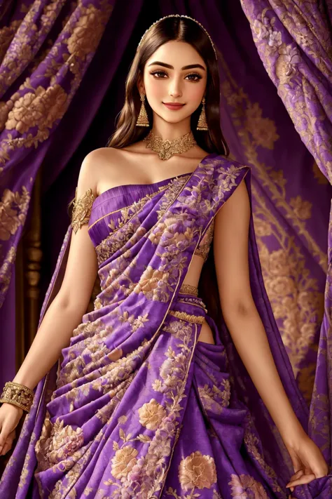 Masterpiece, absurdres, fine detail, HDR, highly detailed face and eyes, photorealistic, solo,1girl,smiling
purple fabric,wifs,(Haute_Couture:1.15), woman wearing a [Haute_Couture|wifs]_((designer dress,floral print:1.1),(drape with embroidery:1.2)), cowboy shot
 <lora:LycorisIndien:0.85>