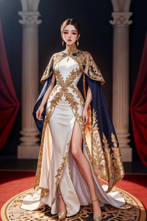 a woman in a white and gold gown and cape