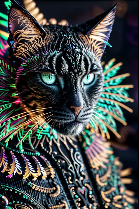 a close up of a cat with a colorful headdress on