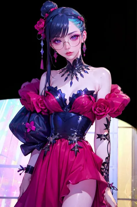 <lora:edgLycorisMugler-light:0.8> Haute_Couture, edgTM, edgTM_style fashion, eccentric clothing, Haute_Couture dress, wearing Haute_Couture dress, makeup, eyeshadow,   <lora:LIP:1> (LilyPichuTI:0.9), glasses, cowboy shot,, ultra detailed, masterpiece, best quality, aesthetic, detailed,