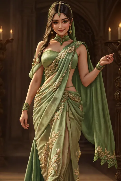 a woman in a green sari and gold jewelry