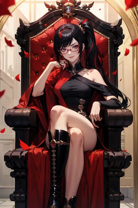 a woman sitting on a throne with a red cape and black boots