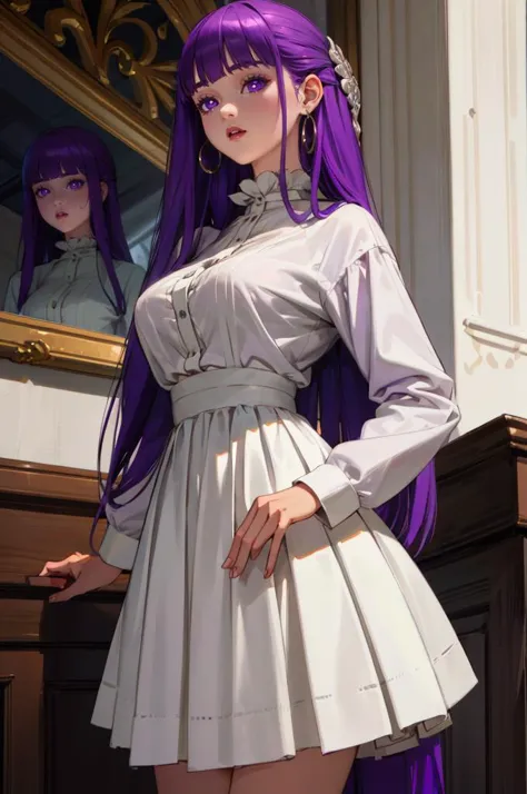 a close up of a woman in a dress with purple hair