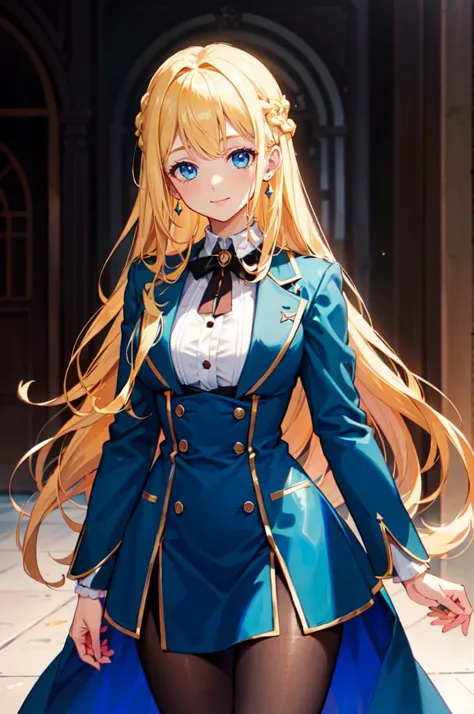 a woman in a blue dress and a long blonde hair