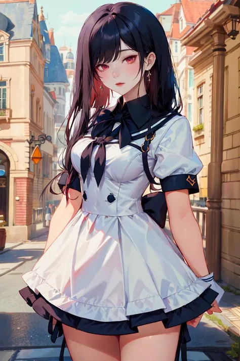 anime girl in a maid outfit standing on a street corner