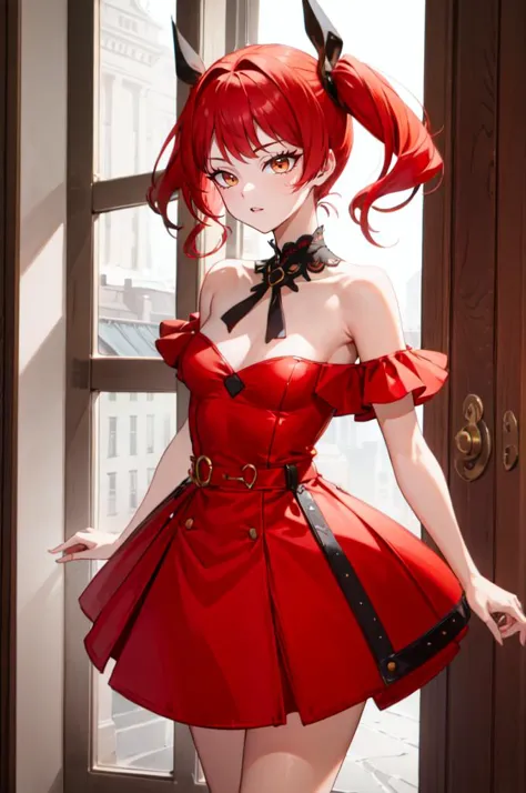 a woman in a red dress with horns and a bow