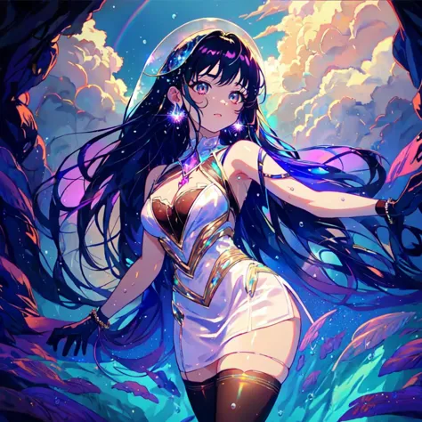 京都动画风格的动画与2D电子游戏设计相结合~ A woman in an 水下 fantasy world. 电影灯光, 空灵之光, 错综复杂 details, 极其详细, 令人难以置信的细节, 全彩色, 复杂细节, insanely detailed and 错综复杂, 超极化主义者, 极其详细 with rich colors. 杰作, 最好的质量, 鸟瞰图, HDR, 超高清, 虚幻引擎. 丰满看着相机, 光滑的大腿, (闪闪发光的珠宝) ((丙烯画插图, 作者：Artgerm, 通过卡瓦西, 作者：约翰·辛格·萨金蒂) 黑暗幻想背景, 闪闪发光的珠宝, 代表, 白皙的皮肤, 漂亮的脸蛋, 细节丰富 高品质, 华丽的, 魅力十足, 8千, 超级细节, 华丽的 light and shadow, 细部装饰, 详细的线条 ,皮肤压痕, 裂解,  手套, white 手套, 高抬腿, 海底, 水下 city, 水下,  Neon Dreams 高的_时装, 设计师edgHC_搭配一套前卫服装, 空灵的闪光, 缥缈星空, 缥缈的星云和云, 彩色雨, 鲜艳的颜色, 迷幻色彩, 霓虹色, 空灵之光ning horizon, 空灵色彩粒子, 彩虹色, 装饰性的, 错综复杂, 刺绣, 景深, 高质量, 杰作, 高的_时装, 设计师edgHC_搭配一套前卫服装, 1女孩, 苗条的身材, 中等乳房, 晶莹剔透的眼睛, 长发, 水晶首饰, 透明连衣裙, 透视连衣裙, 透明头发, 湿身, 衣服上的水珠,