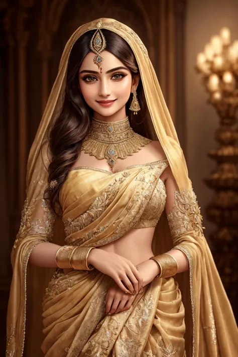 a beautiful indian woman in a gold sari and jewellery