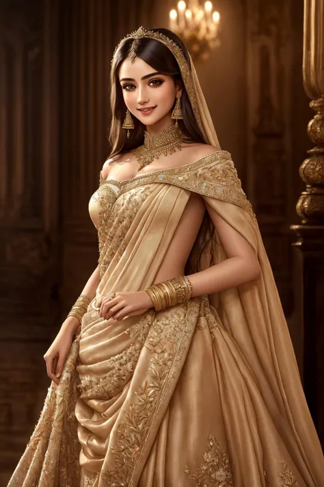 a woman in a gold and gold lehenga with a veil