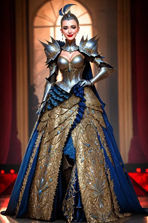 Masterpiece, absurdres,HDR,8k,best quality,smiling
([edgMothKnight|Haute_Couture]::0.5)
edgMothKnight,Haute_Couture designer dress, embroidery,fashion show background,   armor, hand on hip,  feathers, lipstick, shoulder armor, gauntlets, breastplate, moth_knight,cowboy shot
 <lora:MothCouture:0.75>