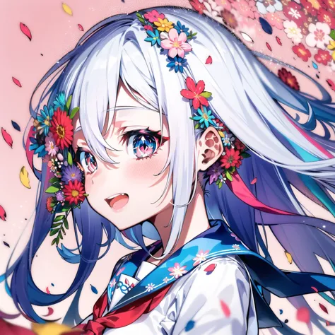 anime girl with long hair and flowers in her hair