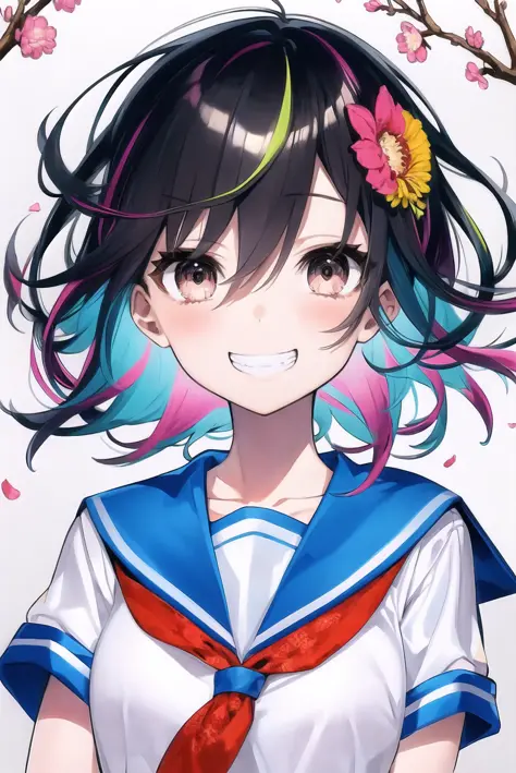 mika pikazo, original, 1girl, (colorful), multicolored hair, (abstract), multicolored eyes,  bangs, black hair, blue sailor collar, bow, branch, brown eyes, egasumi, flower, grin, hair between eyes, looking at viewer, multicolored hair, pink flower, red bow, sailor collar, shirt, short sleeves, smile, solo, upper body, white shirt, short hair, floating hair, 

<lora:mika_pikazo:0.65>