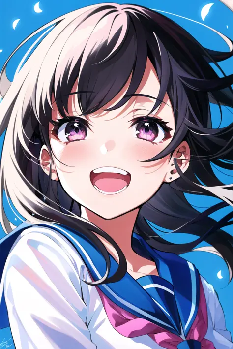 mika pikazo, 1girl, black hair, blue background, blue sailor collar, floating hair, light blush, light particles, long hair, open mouth, pink eyes, portrait, sailor collar, school uniform, serafuku, signature, smile, solo, teeth

<lora:mika_pikazo:0.65>