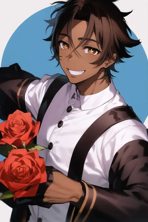 mika pikazo, fogado \(fire emblem\), 1boy, bangs, brown eyes, brown hair, dark-skinned male, dark skin, feather collar, feathers, flower, gloves, grin, long sleeves, looking at viewer, parted bangs, red flower, red rose, rose, shirt, short hair, smile, solo, star (symbol), symbol-shaped pupils, teeth, very dark skin, fire emblem

<lora:mika_pikazo:0.65>