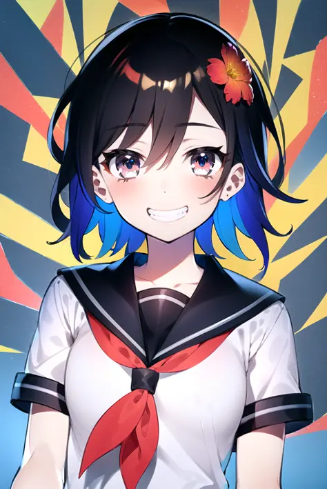 mika pikazo, original, 1girl, (colorful), multicolored hair, (abstract), multicolored eyes,  bangs, black hair, blue sailor collar, bow, branch, brown eyes, egasumi, flower, grin, hair between eyes, looking at viewer, multicolored hair, pink flower, red bow, sailor collar, shirt, short sleeves, smile, solo, upper body, white shirt, short hair, floating hair,

<lora:mika_pikazo:0.65>