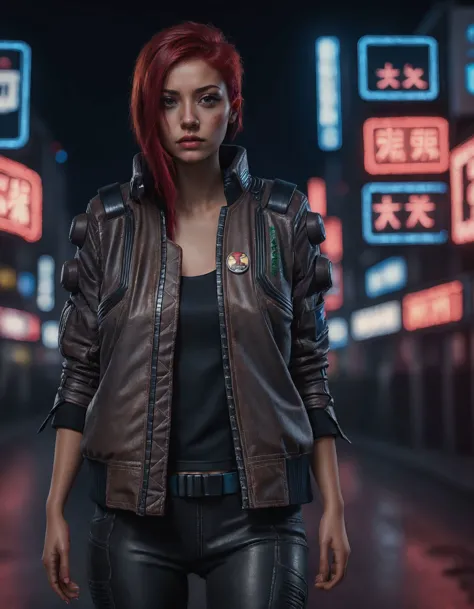 a gorgeous fashion model, woman, red hair, wearing a brown cyberpunk Samurai jacket, black shirt, standing in a busy city street...